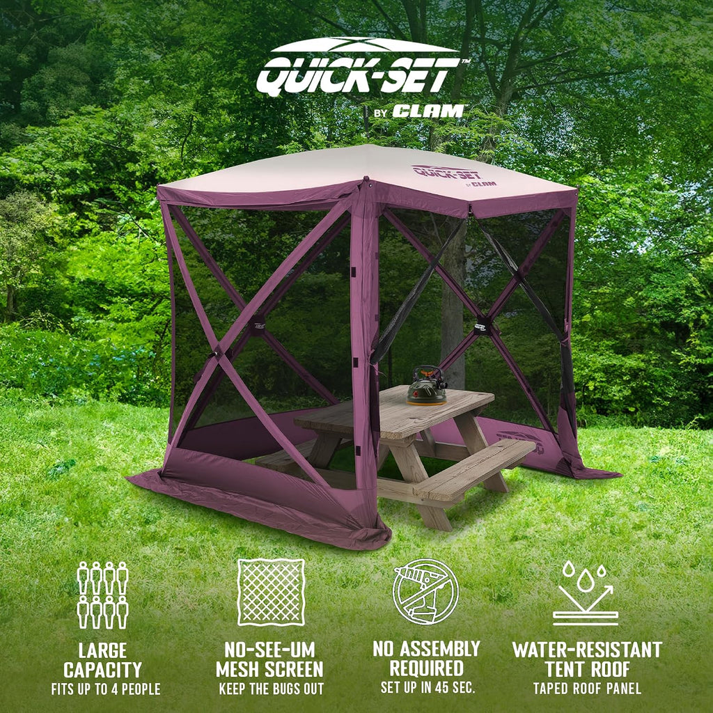 Clam Traveler 6' x 6' Pop-Up Screen Tent – Plum Outdoor Portable Camping Gazebo Canopy with Mesh Netting, Stakes, Tie-Downs & Carry Bag – 4-Person Shelter for Picnics, Beach & Events