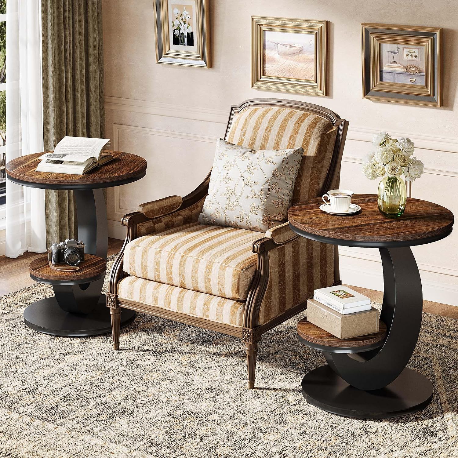 Tribesigns Round End Table Set of 2, 2 Tiers Side Table with Storage Shelf, Sofa Side Bedside Nightstand with Rustic Wood and Metal Arc-Shaped Frame for Small Spaces, Living Room, Bedroom (2PCS)