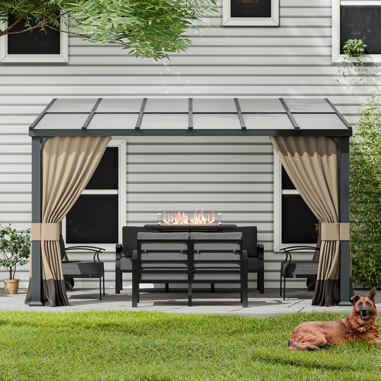 10x12FT Gazebo, Hardtop Wall Mounted Gazebo with Sloping Sun Panel Roof, Awnings for Patio with Metal Frame, Double Curtains for Garden, Lawn, Backyard Deck, Sand