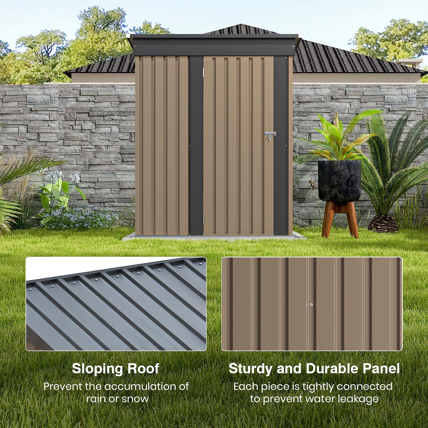 Patiolife 5x3 FT Outdoor Storage Shed, Small Tool Metal Shed with Lockable Door & Sloping Roof, Garden Shed for Backyard Patio Lawn, Brown