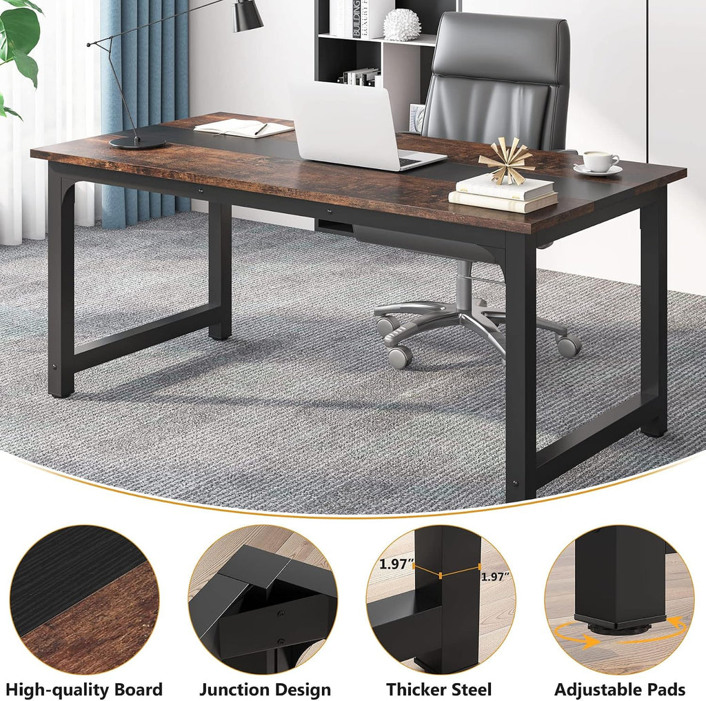 Tribesigns 63' Executive Desk, Large Office Computer Desk with Thicken Frame, Modern Simple Workstation Business Furniture for Home Office, Vintage Brown/Black