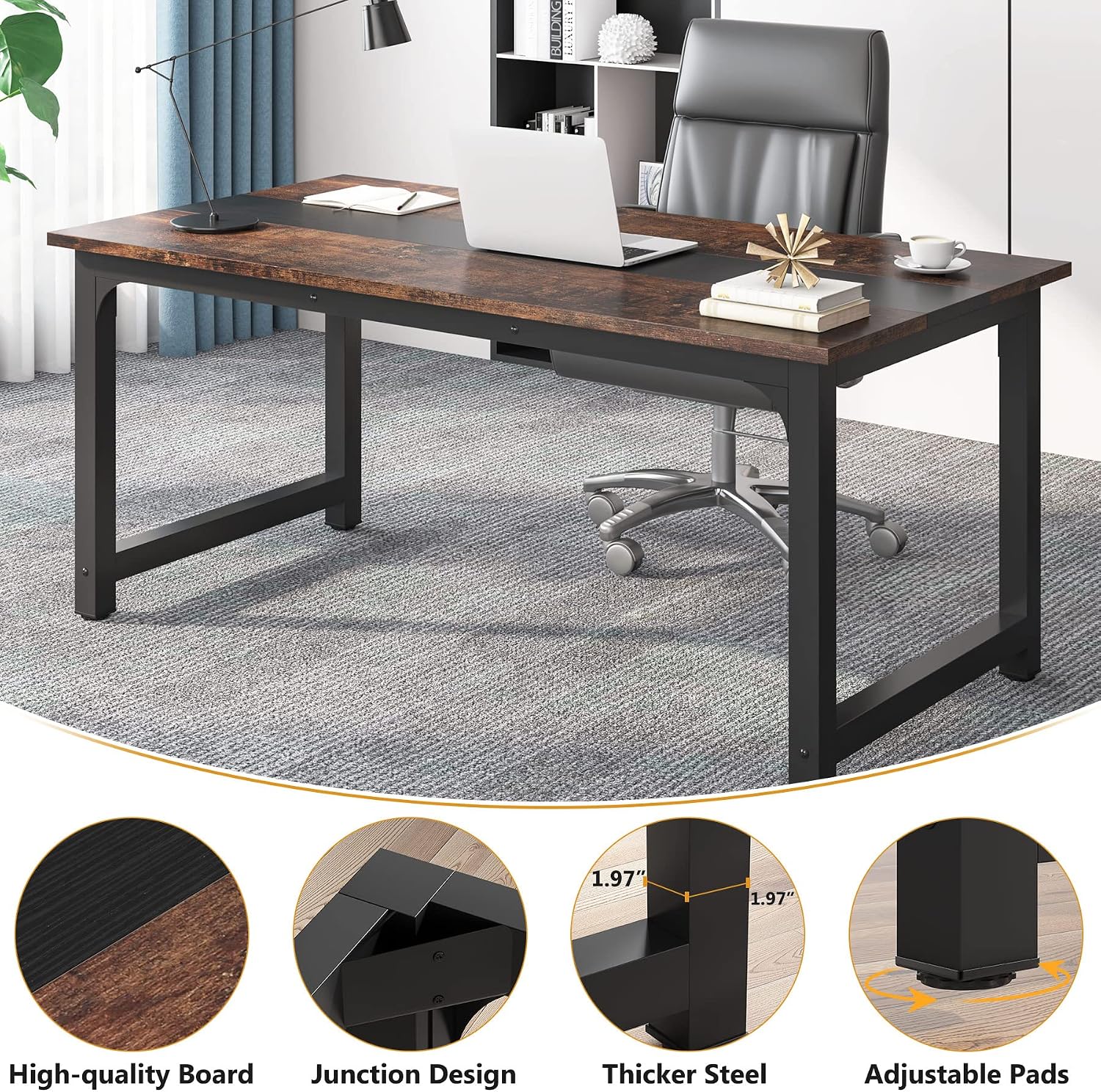 Tribesigns 63' Executive Desk, Large Office Computer Desk with Thicken Frame, Modern Simple Workstation Business Furniture for Home Office, Vintage Brown/Black