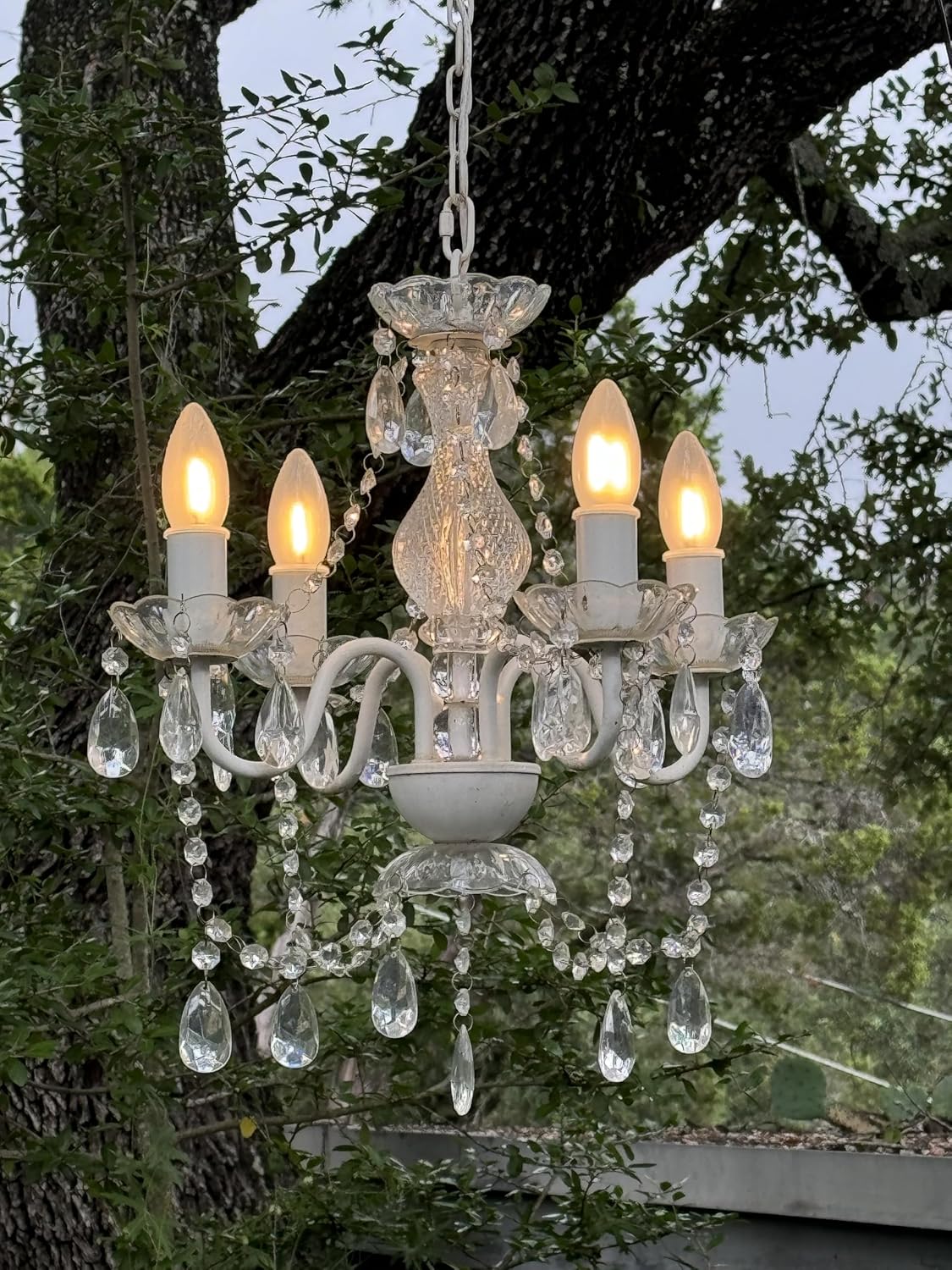 Outdoor 4 Light Plug-in Crystal White Chandelier H17'xW15', White Metal Frame, Clear Acrylic Crystals, and Low Voltage (12 Volts) IP65 Water Resistant Electrical Components