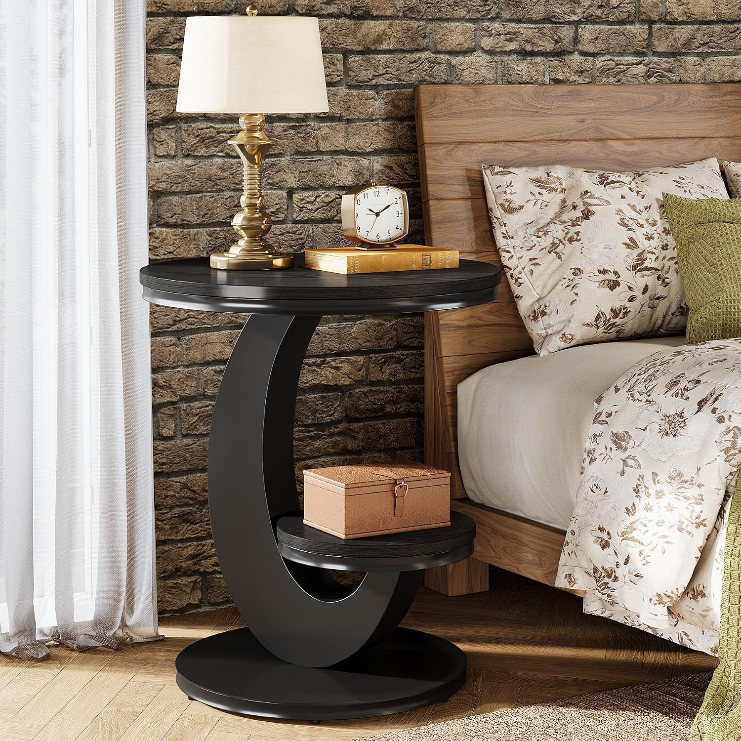 Tribesigns Round End Table, 2 Tiers Side Table with Storage Shelf, Sofa Side Bedside Nightstand with Wood Metal Arc-Shaped Frame for Small Spaces, Living Room, Bedroom, Easy to Assemble, Black (1PCS)