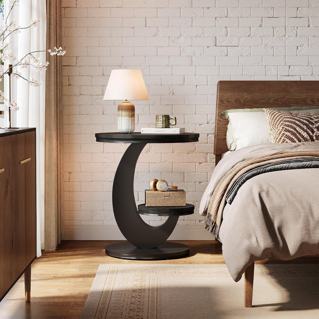 Tribesigns Round End Table Set of 2, 2 Tiers Side Table with Storage Shelf, Sofa Side Bedside Nightstand with Metal Arc-Shaped Frame for Small Spaces, Living Room, Bedroom, Black (2PCS)