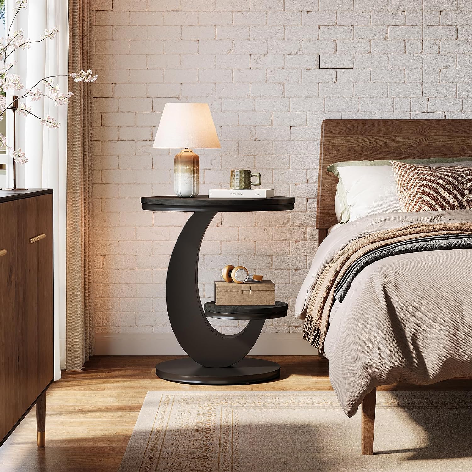 Tribesigns Round End Table Set of 2, 2 Tiers Side Table with Storage Shelf, Sofa Side Bedside Nightstand with Metal Arc-Shaped Frame for Small Spaces, Living Room, Bedroom, Black (2PCS)