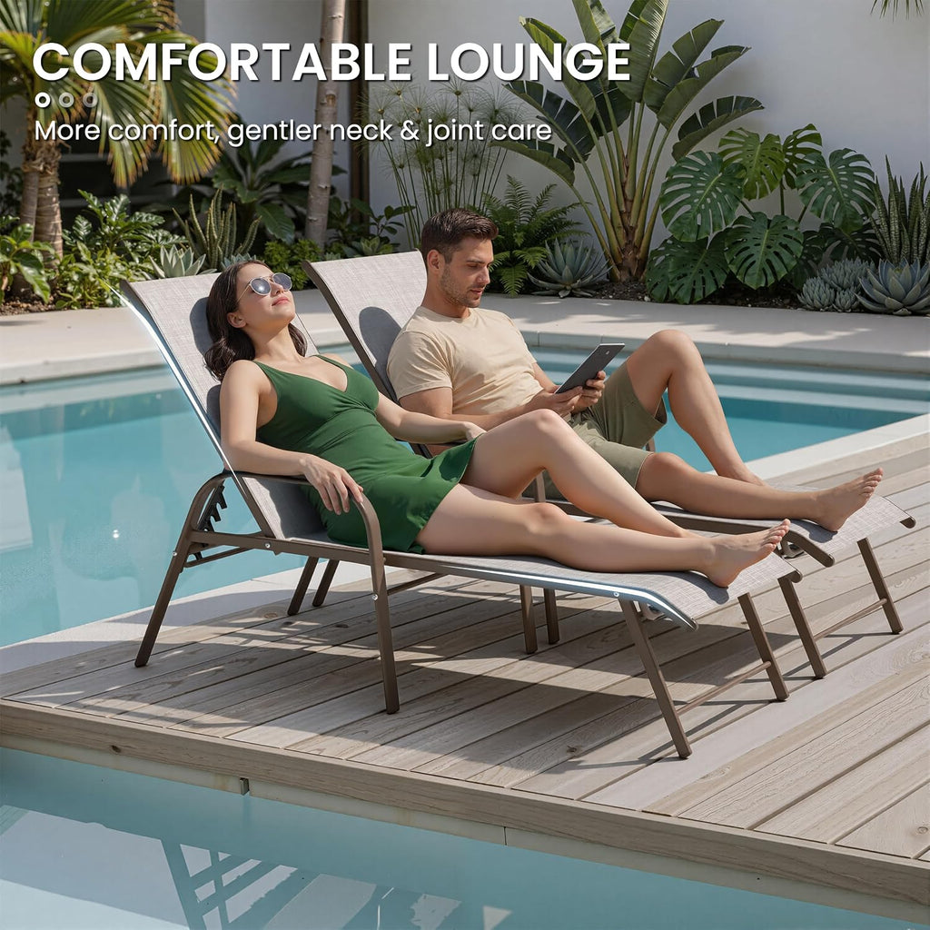 Crestlive Products Chaise Lounge Chair Outdoor with Armrests, Pool Lounge Chairs Set of 2, Aluminum Adjustable 5 Positions Sun Tanning Lounger for Patio, Poolside, Yard, Deck, Backyard (Beige)