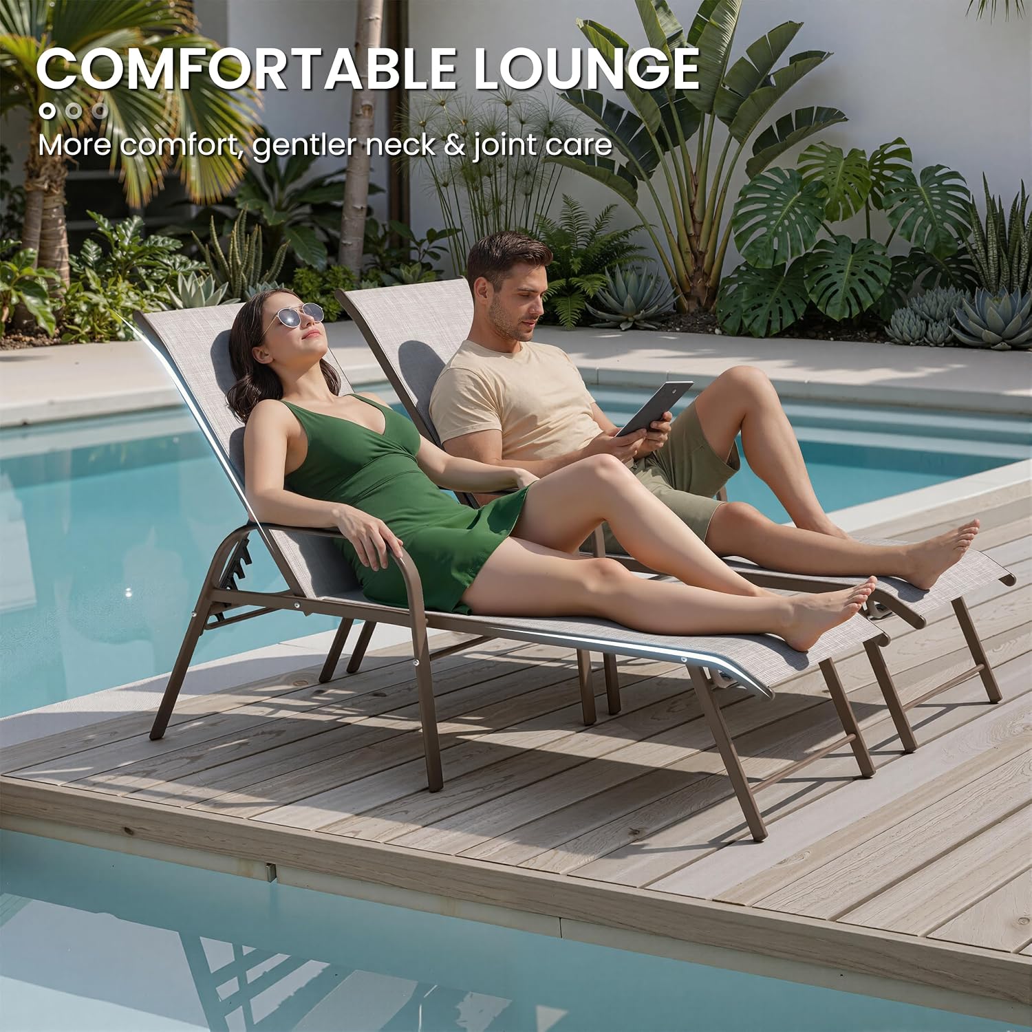 Crestlive Products Chaise Lounge Chair Outdoor with Armrests, Pool Lounge Chairs Set of 2, Aluminum Adjustable 5 Positions Sun Tanning Lounger for Patio, Poolside, Yard, Deck, Backyard (Beige)