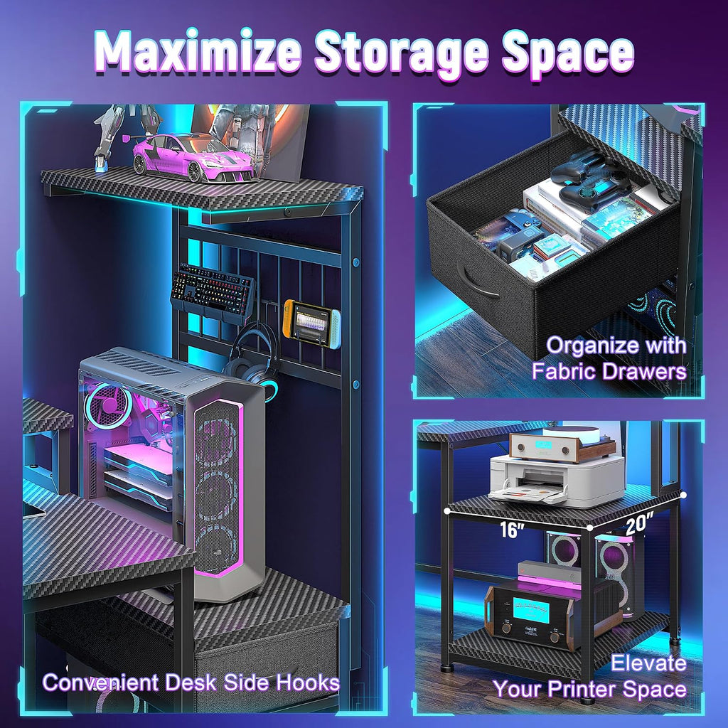 DurayLoly 55' Gaming Desk with LED Lights & Outlets,Computer Desk with Drawers & Monitor Stand,Gaming Table with 3 Storage Shelves, Hooks& Printer Space for Game&Study Room,Home Office,Bedroom,Black