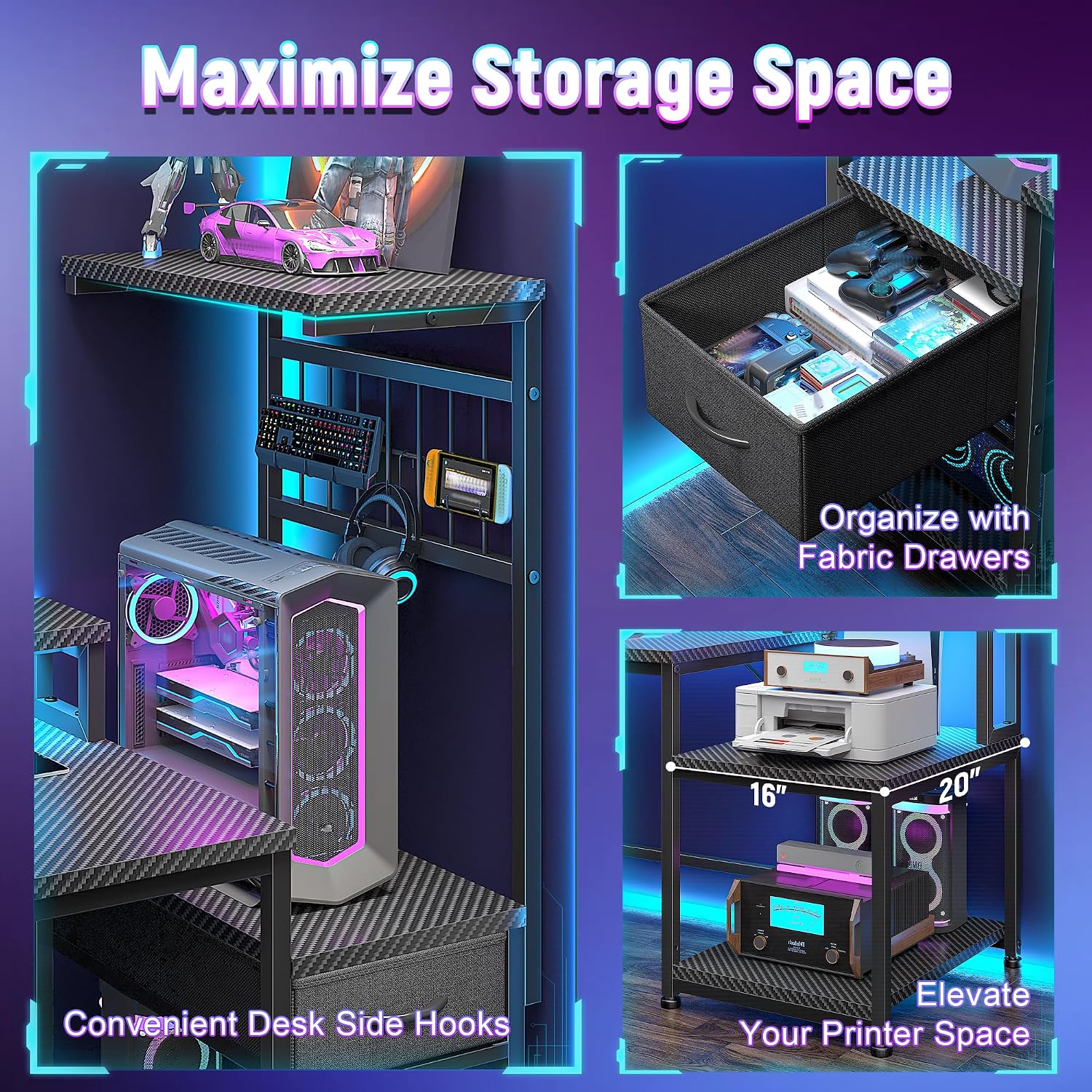 DurayLoly 55' Gaming Desk with LED Lights & Outlets,Computer Desk with Drawers & Monitor Stand,Gaming Table with 3 Storage Shelves, Hooks& Printer Space for Game&Study Room,Home Office,Bedroom,Black