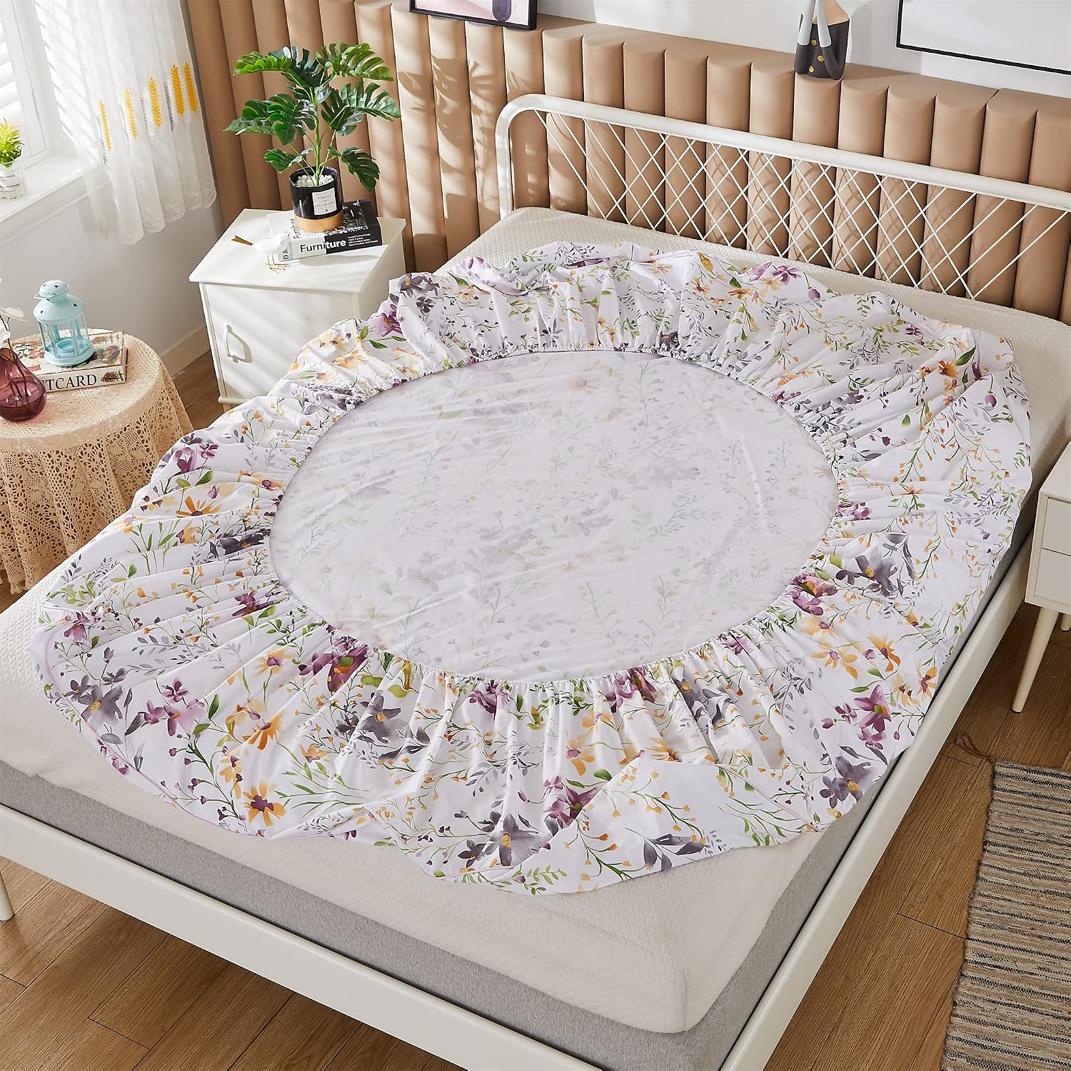 ABREEZE Floral Bedding Shabby Purple Print Bed Sheet Set Girls Bedding Set Luxury Bedding Collections 1000 Thread Count 100% Egyptian Cotton Deep Pocket King, 4 Pieces