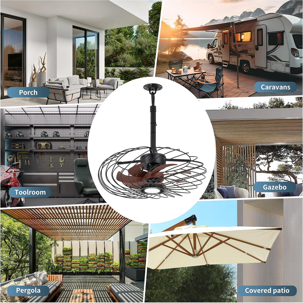 20' Outdoor Ceiling Fan with Light, Waterproof Gazebo Fan Remote Control, Dimmable LED Light, Hanging Black Caged Ceiling Fixtures with Plug in Cord for Patios Pergola