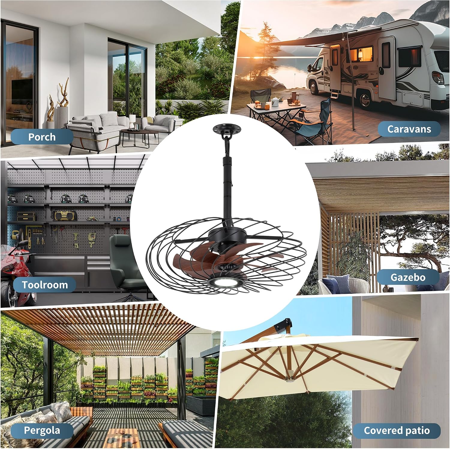 20' Outdoor Ceiling Fan with Light, Waterproof Gazebo Fan Remote Control, Dimmable LED Light, Hanging Black Caged Ceiling Fixtures with Plug in Cord for Patios Pergola