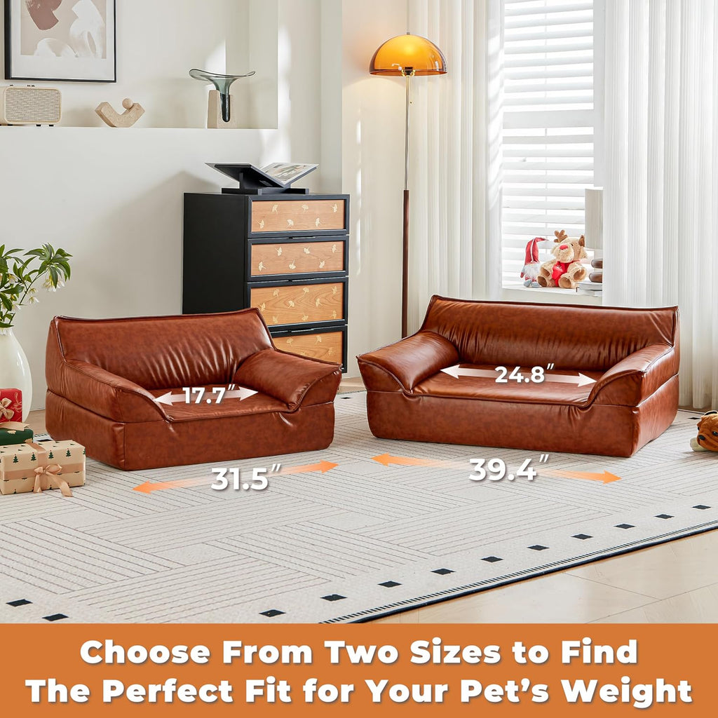 Leather Dog Bed Couch for Small and Medium Dogs Under 50 lbs, Brown Mid Century Modern Elevated Cat Sofa Chair Luxurious Indoor Furniture Style Pet Supplies for Puppy