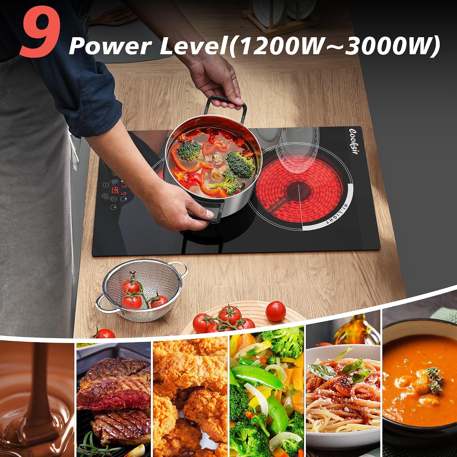 2 Burner Electric Cooktop, 12 inch Electric Stove Top 3000W, Double Burners Ceramic Cook Top with 9 Power Levels, Safety Lock, Timer, Sensor Touch Control, 220-240V Hard Wired (No Plug)