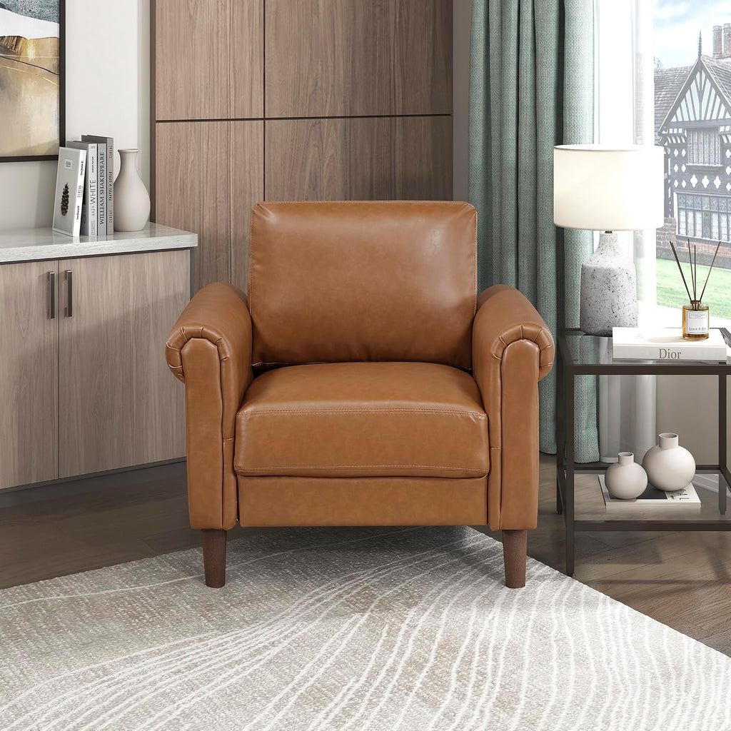 Lexicon 35' W Living Room Accent Chair, Faux Leather Upholstered Armchair with Rolled Armrest for Bedroom/Office/Waiting Room, Single Sofa Chair, Brown
