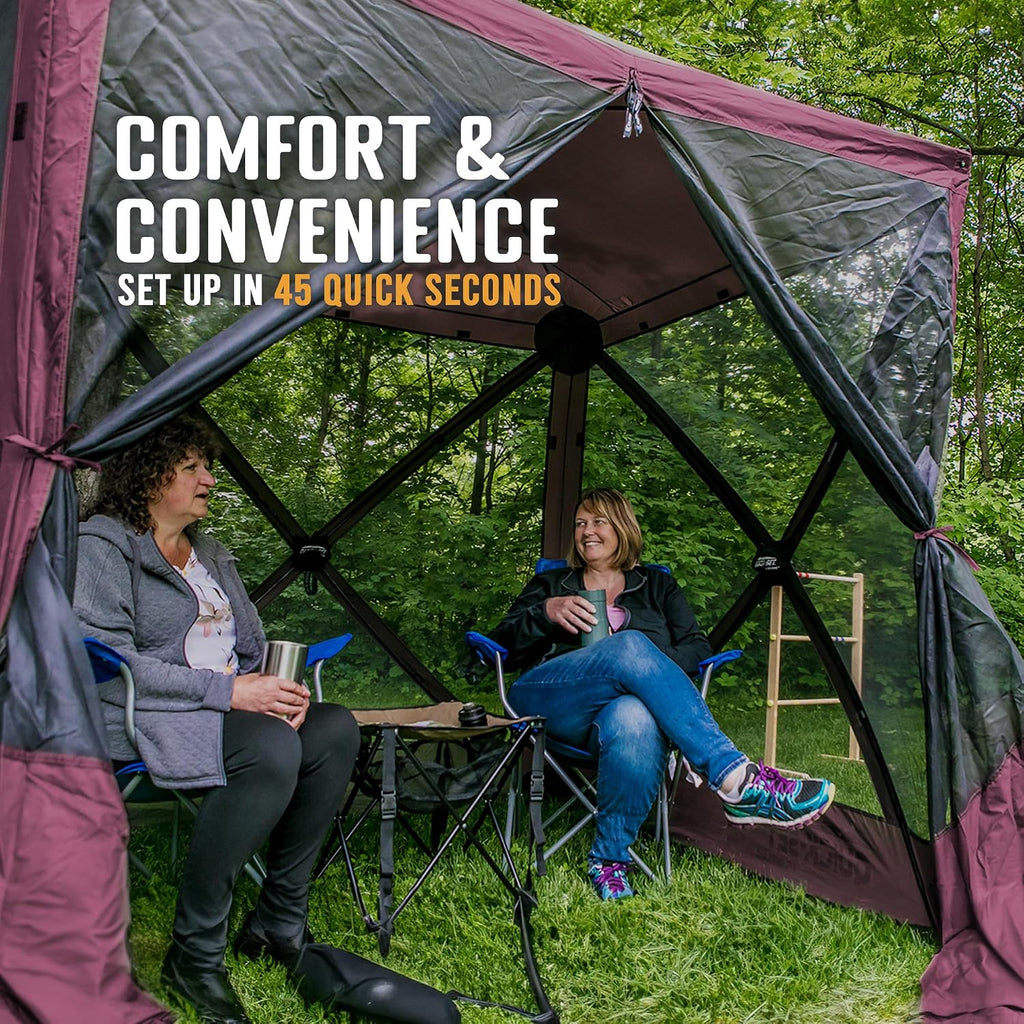 Clam Traveler 6' x 6' Pop-Up Screen Tent – Plum Outdoor Portable Camping Gazebo Canopy with Mesh Netting, Stakes, Tie-Downs & Carry Bag – 4-Person Shelter for Picnics, Beach & Events