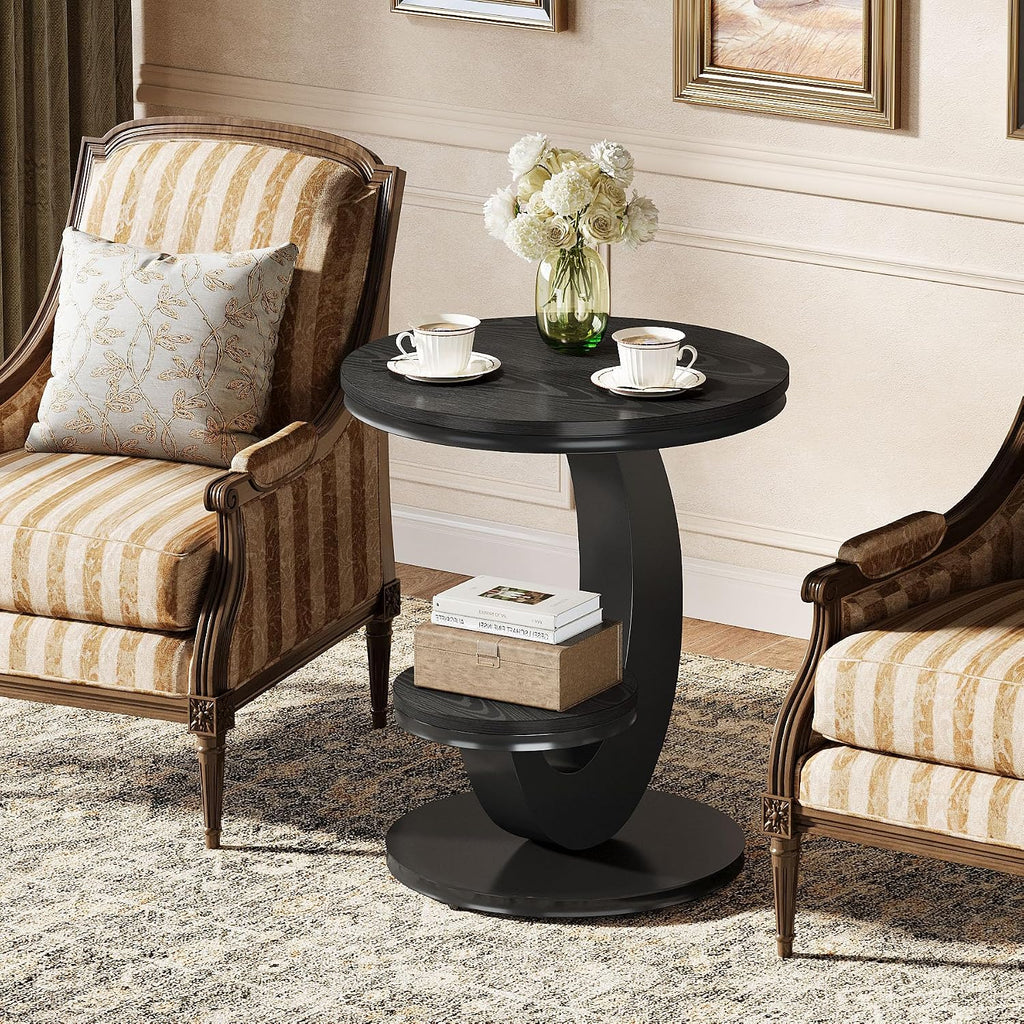 Tribesigns Round End Table, 2 Tiers Side Table with Storage Shelf, Sofa Side Bedside Nightstand with Wood Metal Arc-Shaped Frame for Small Spaces, Living Room, Bedroom, Easy to Assemble, Black (1PCS)