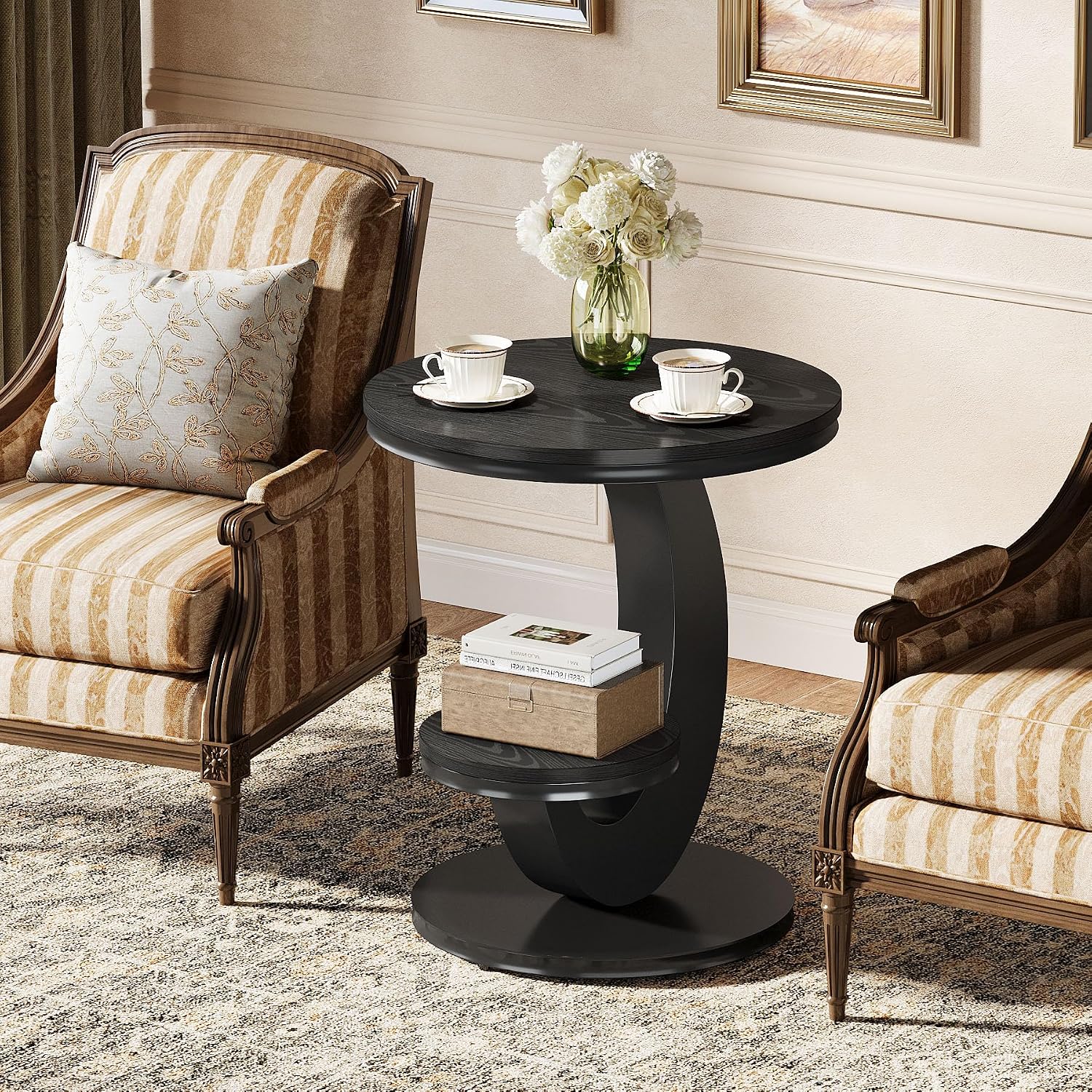 Tribesigns Round End Table, 2 Tiers Side Table with Storage Shelf, Sofa Side Bedside Nightstand with Wood Metal Arc-Shaped Frame for Small Spaces, Living Room, Bedroom, Easy to Assemble, Black (1PCS)