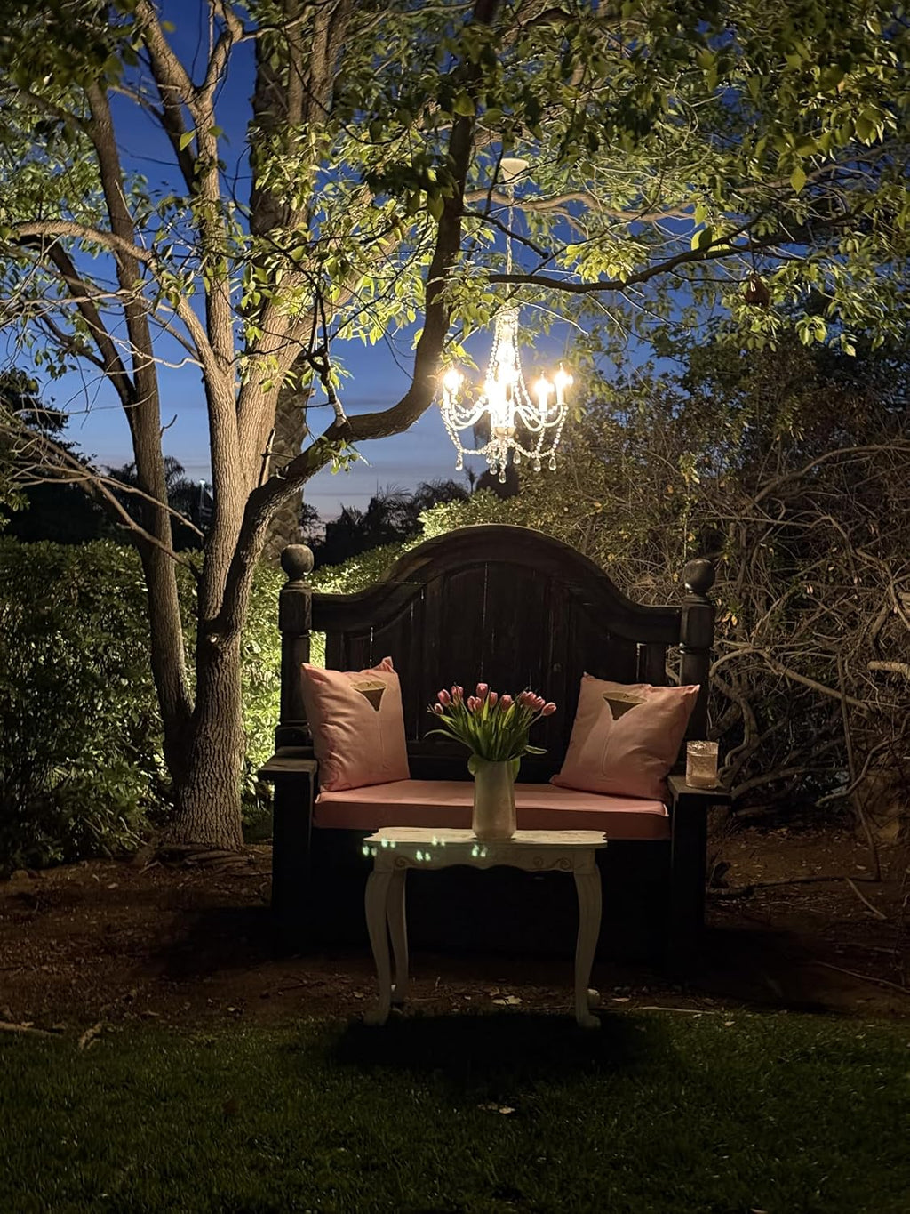 Outdoor 6 Light Plug-in Crystal White Chandelier H26'xW22', White Metal Frame, Clear Acrylic Crystals, and Low Voltage (12 Volts) IP65 Water Resistant Electrical Components