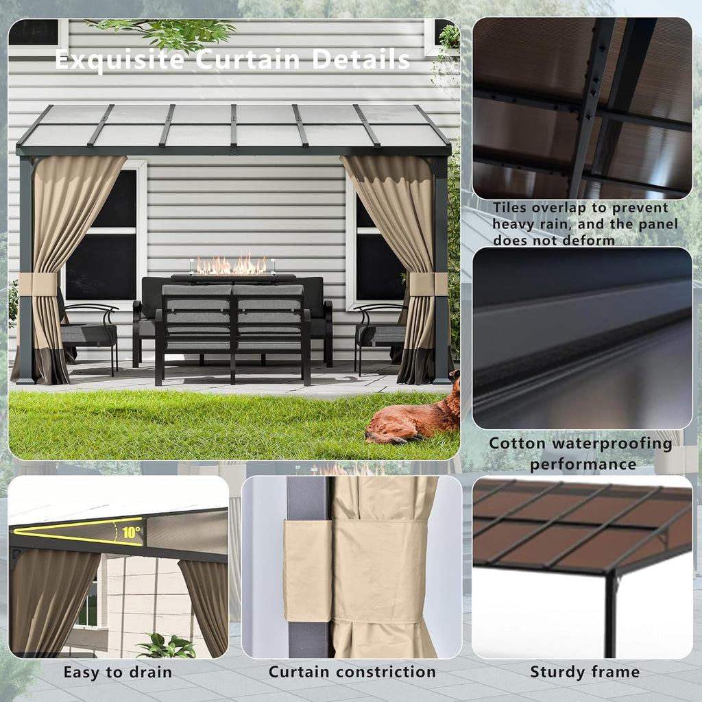 10x12FT Gazebo, Hardtop Wall Mounted Gazebo with Sloping Sun Panel Roof, Awnings for Patio with Metal Frame, Double Curtains for Garden, Lawn, Backyard Deck, Sand