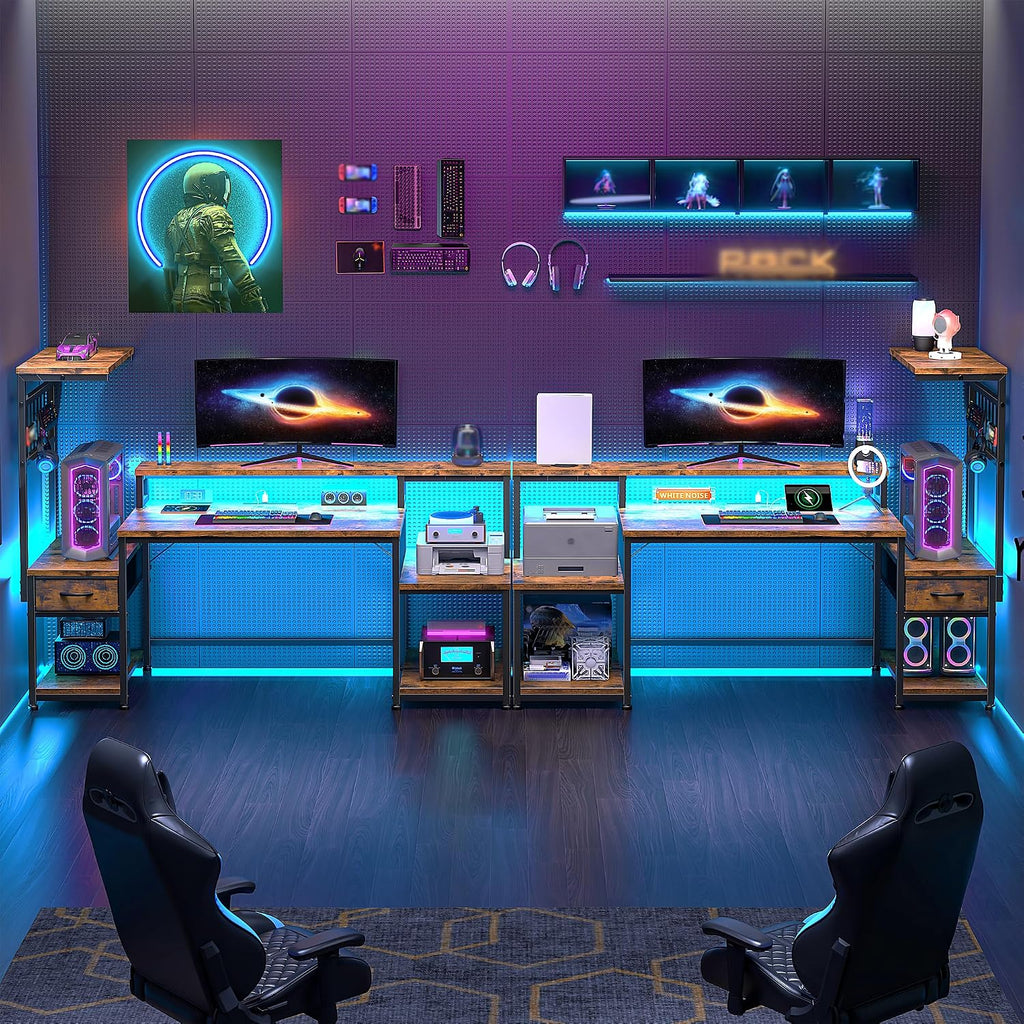 DurayLoly 55' Computer Desk with LED Lights & Outlets,Office Desk with Drawers & Monitor Stand,Gaming Desk with 3 Storage Shelves, Hooks& Printer Space for Game&Study Room,Home Office,Bedroom,Brown