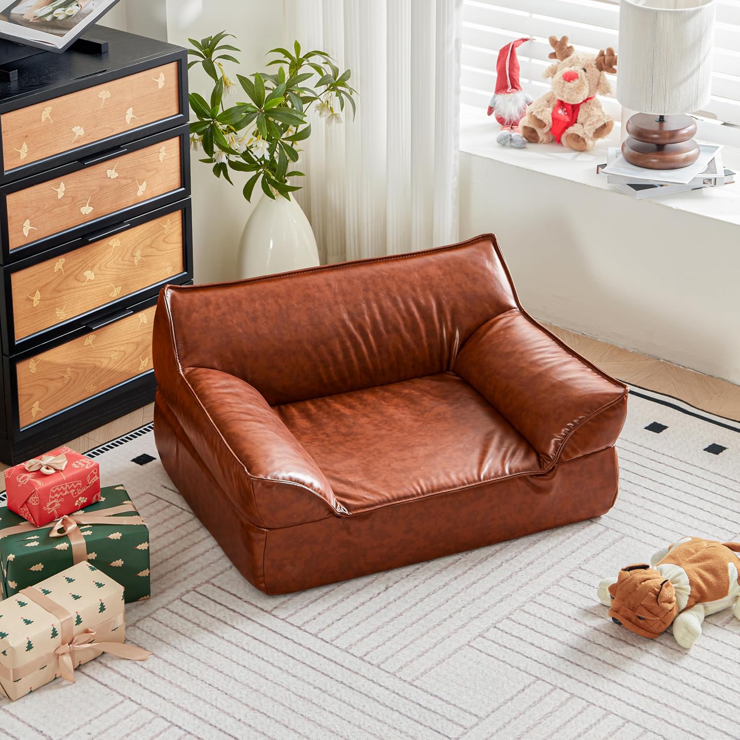 Leather Dog Bed Couch for Small and Medium Dogs Under 50 lbs, Brown Mid Century Modern Elevated Cat Sofa Chair Luxurious Indoor Furniture Style Pet Supplies for Puppy