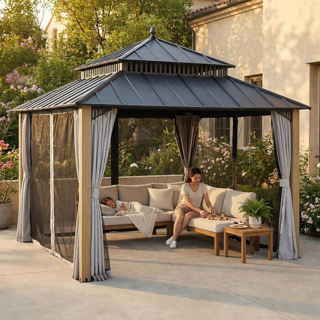 SUNJOY Kingston 12' x 12' Hardtop Wood Gazebo with Galvanized Steel Double Roof, Curtain and Netting, Cedar Posts Permanent Pavilion Gazebo for Garden, Patio, Deck, Lawn