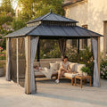 SUNJOY Kingston 12' x 12' Hardtop Wood Gazebo with Galvanized Steel Double Roof, Curtain and Netting, Cedar Posts Permanent Pavilion Gazebo for Garden, Patio, Deck, Lawn