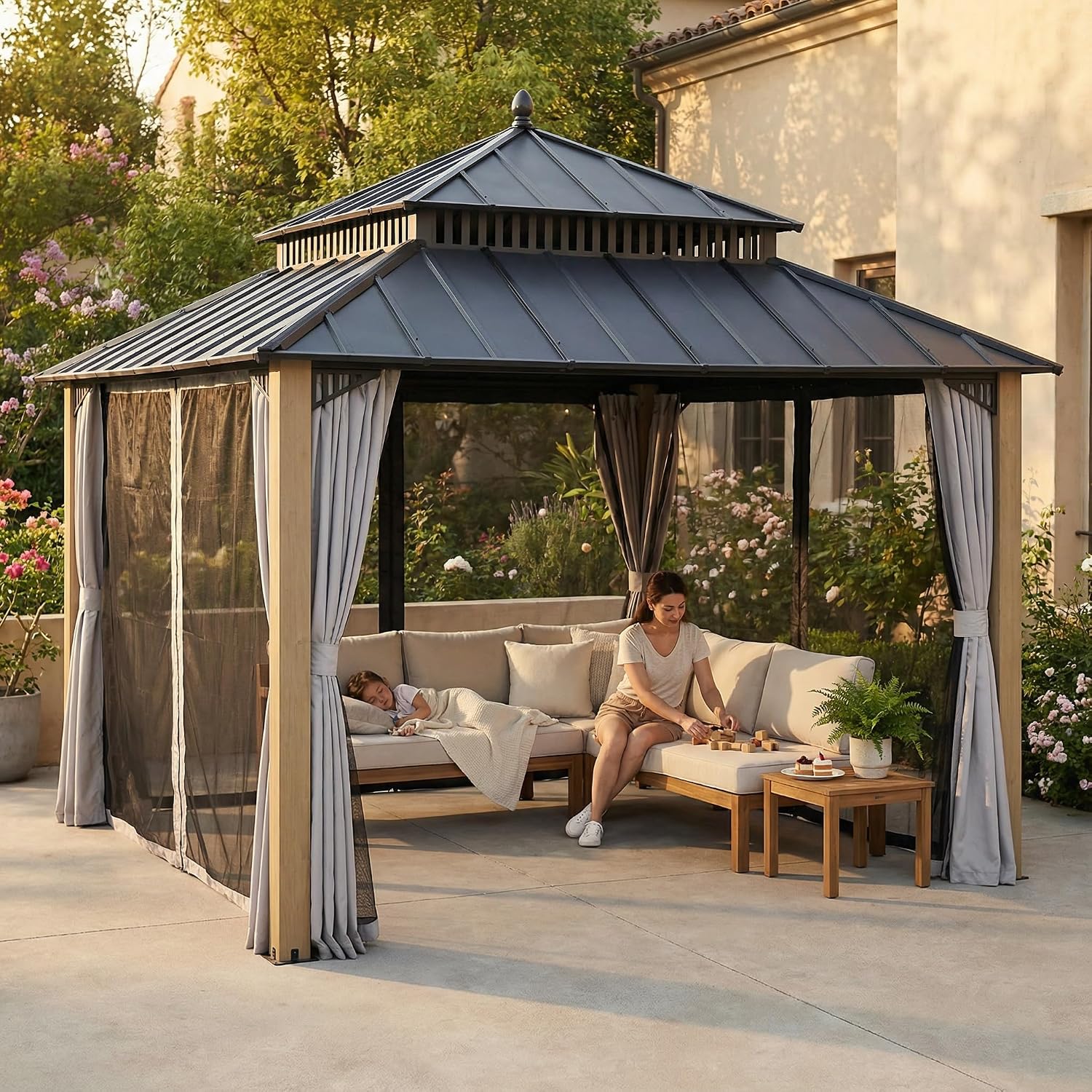 SUNJOY Kingston 12' x 12' Hardtop Wood Gazebo with Galvanized Steel Double Roof, Curtain and Netting, Cedar Posts Permanent Pavilion Gazebo for Garden, Patio, Deck, Lawn