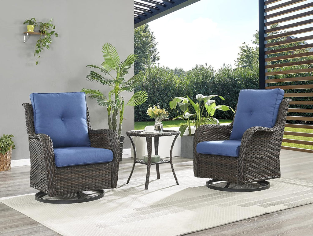 Rilyson Wicker Rocking Chair Swivel Chairs - 2 Piece Rocker Patio Chairs Set Rattan Rocking Chair for Outdoor Porch Deck Garden Backyard (Brown/Blue)