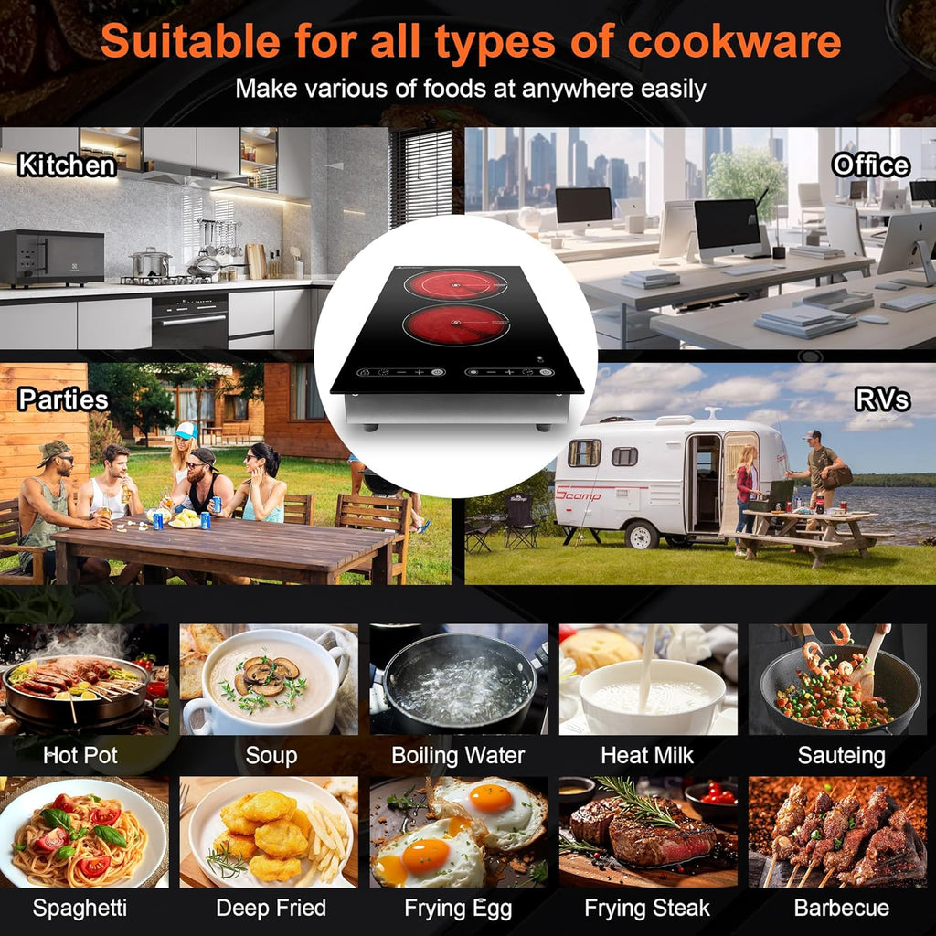 Dual Coil Design of Infrared Double Burner, 1800W Electric Ceramic Hot Plate for Cooking, 2 Burner Cooker Portable Countertop or 12inch Built-in Cooktop Radiant Stove Top, Compatible with All Cookware