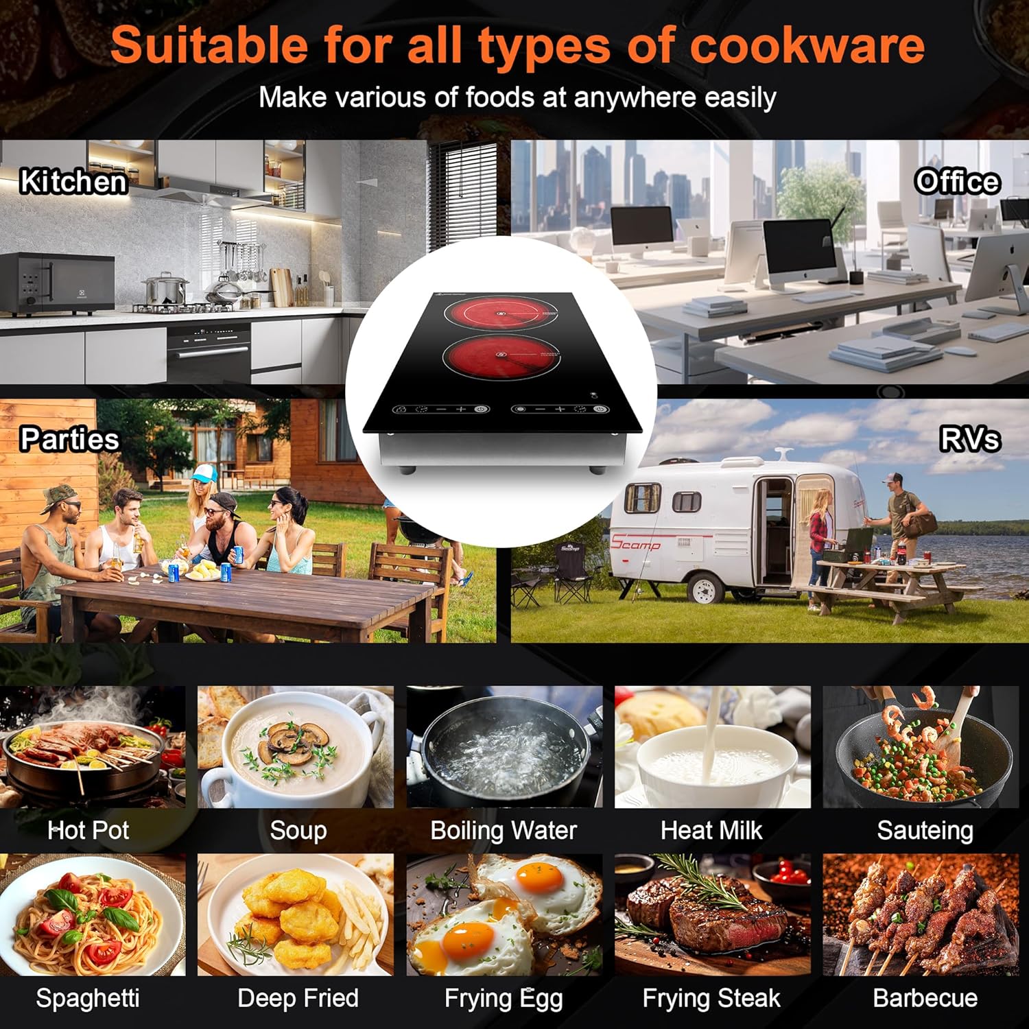 Dual Coil Design of Infrared Double Burner, 1800W Electric Ceramic Hot Plate for Cooking, 2 Burner Cooker Portable Countertop or 12inch Built-in Cooktop Radiant Stove Top, Compatible with All Cookware