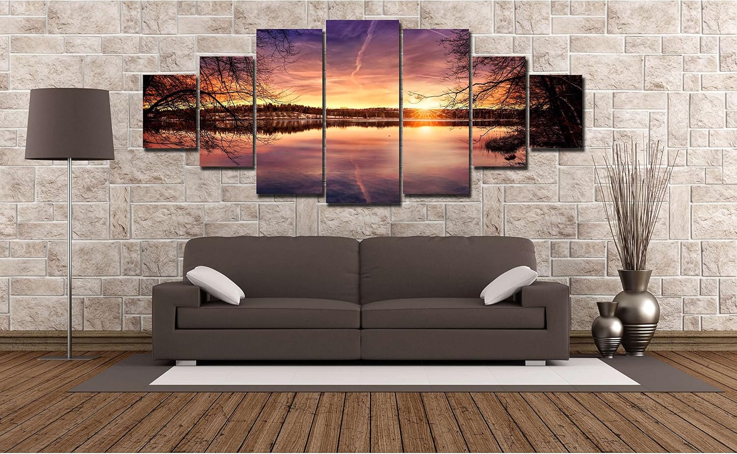 Startonight Huge Canvas Wall Art Multicolor Sunset On The Lake - Large Framed Set of 7 40' x 95'