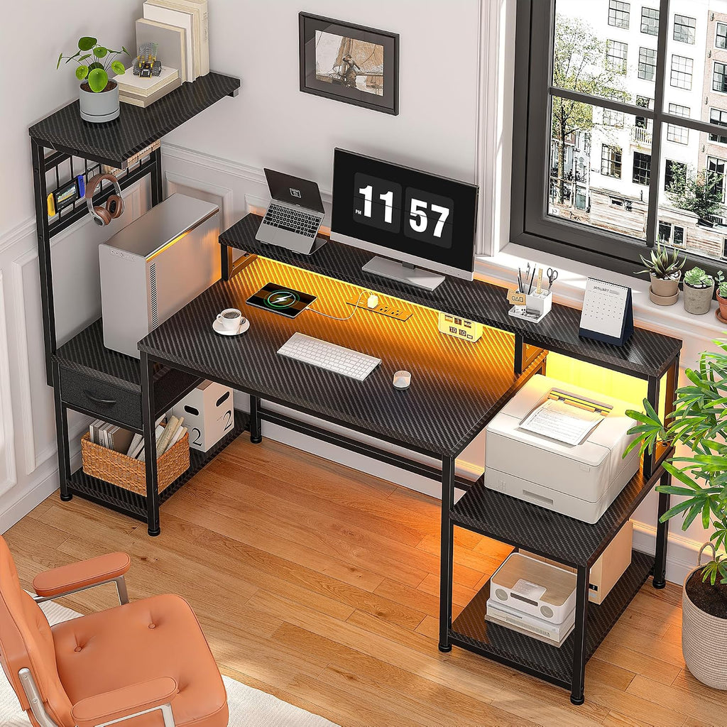 DurayLoly 55' Gaming Desk with LED Lights & Outlets,Computer Desk with Drawers & Monitor Stand,Gaming Table with 3 Storage Shelves, Hooks& Printer Space for Game&Study Room,Home Office,Bedroom,Black