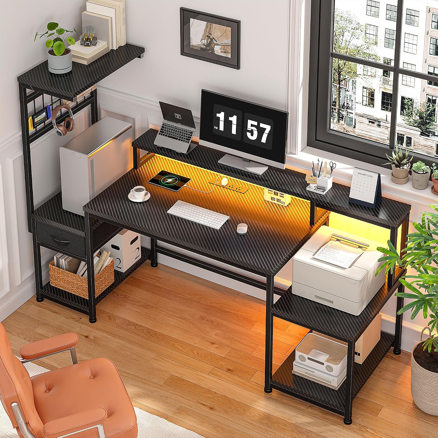 DurayLoly 55' Gaming Desk with LED Lights & Outlets,Computer Desk with Drawers & Monitor Stand,Gaming Table with 3 Storage Shelves, Hooks& Printer Space for Game&Study Room,Home Office,Bedroom,Black