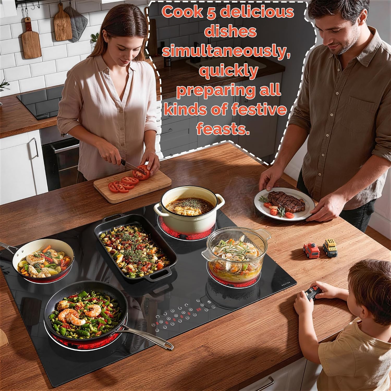Noxton Electric Cooktop 30 Inch,8400W High Power 5 Burners Radiant Stove Top, Child Safety Lock, Timer, Pause, Hard Wire 240V, Drop-in Install