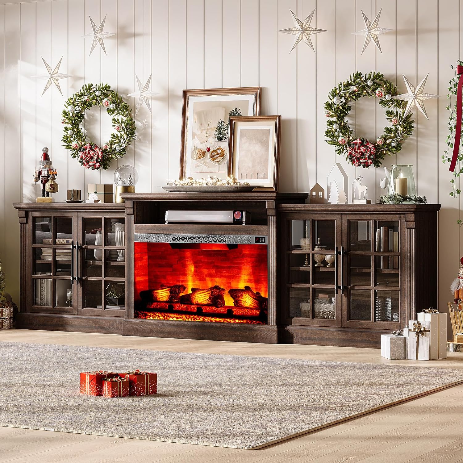 LUXOAK 97' Farmhouse TV Stand with 33' Fireplace for TVs up to 100', Media Entertainment Center with Large Storage Cabinet and Adjustable Shelves for Living Room, Rustic Brown