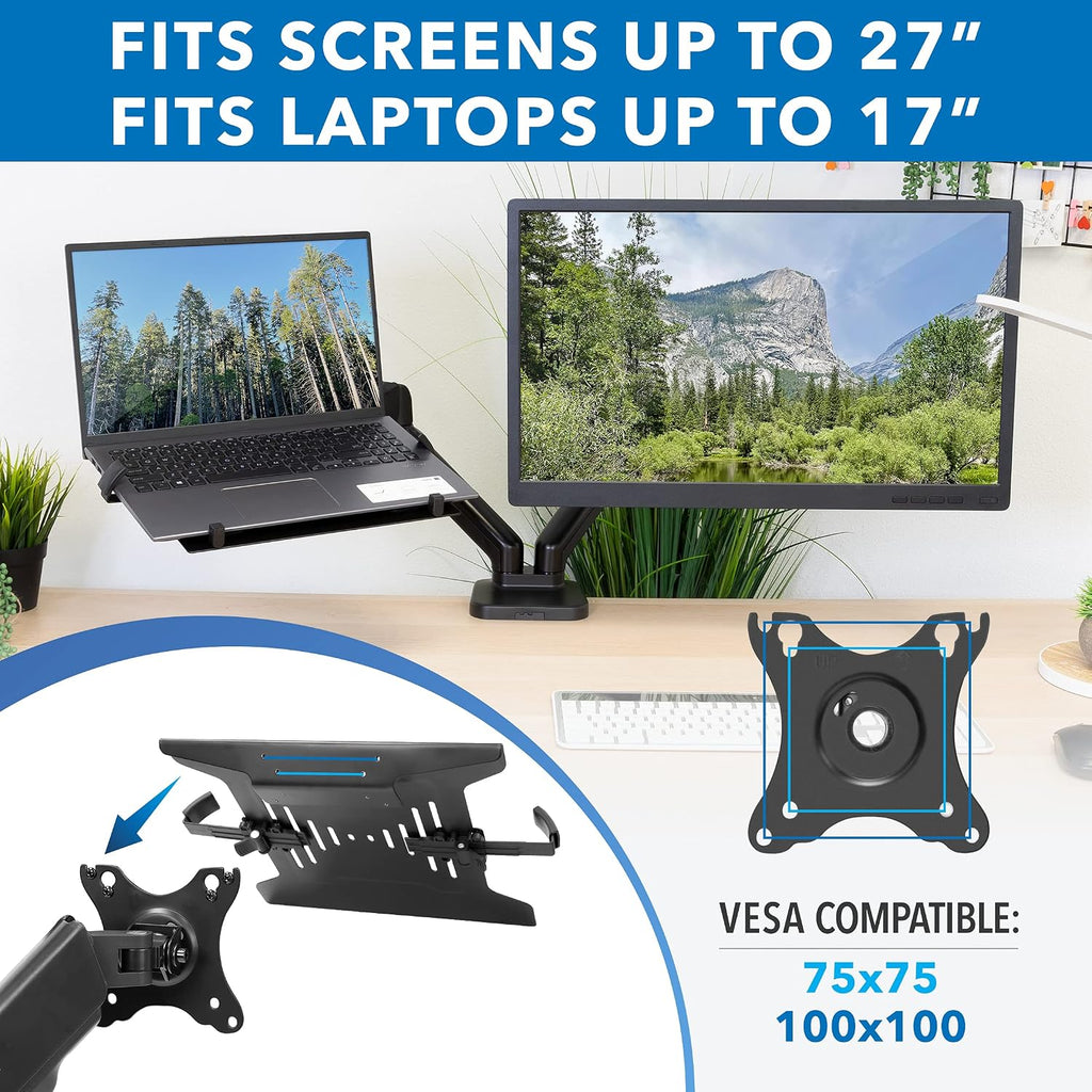 Mount-It! Monitor and Laptop Desk Mount, Height Adjustable Dual Arm Stand with Vented Laptop Tray, Fits Laptops up to 17 Inch and 13–27 Inch Monitors, VESA 75x75 & 100x100, Clamp or Grommet Mount