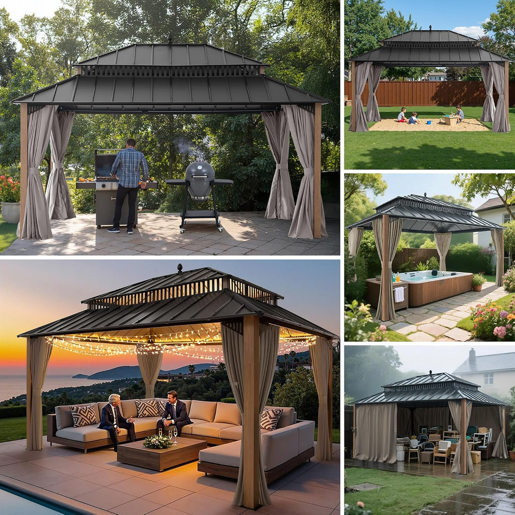 SUNJOY Kingston 16' x 12' Hardtop Gazebo with Galvanized Steel Double Roof, Curtain and Netting, Woodgrain Finish Aluminum Posts Permanent Pavilion Gazebo for Garden, Patio, Deck, Lawn