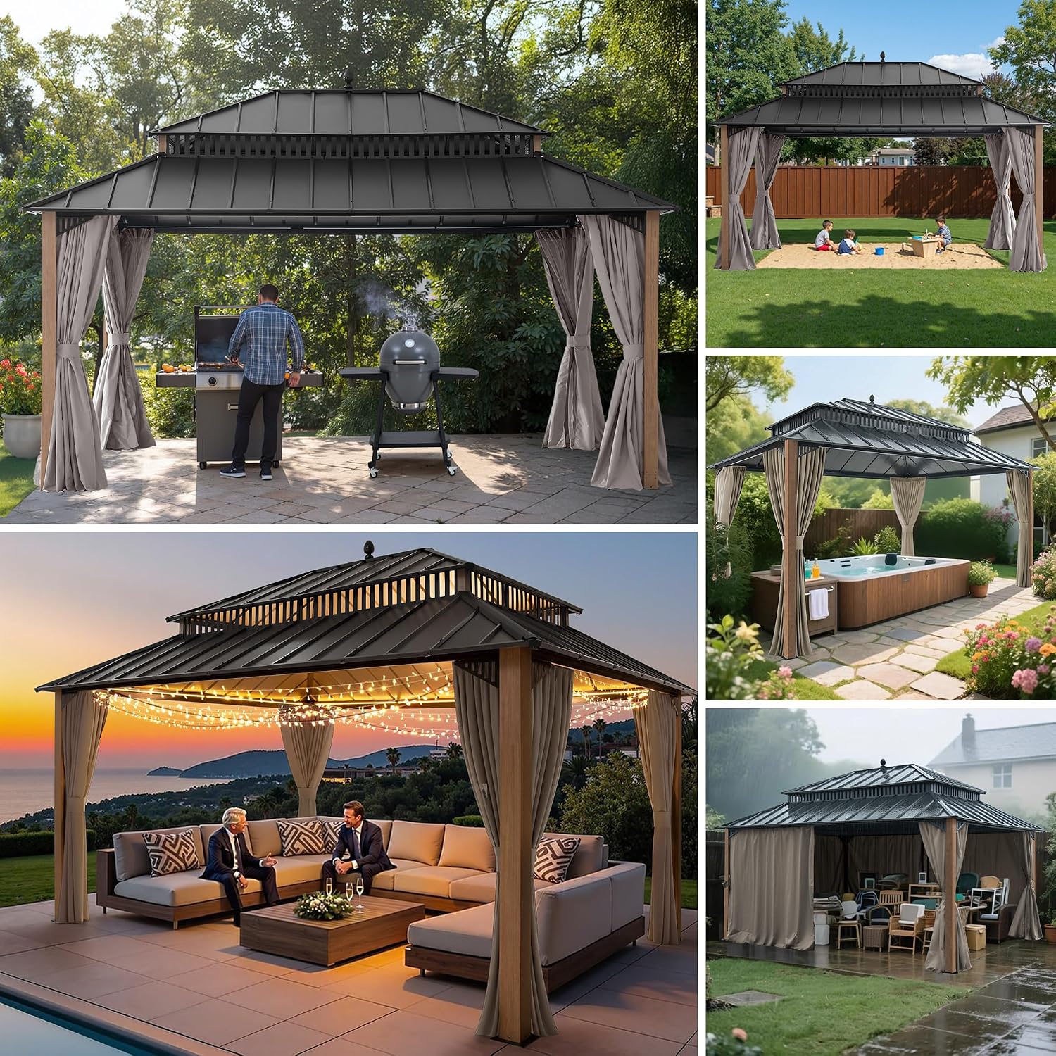 SUNJOY Kingston 16' x 12' Hardtop Gazebo with Galvanized Steel Double Roof, Curtain and Netting, Woodgrain Finish Aluminum Posts Permanent Pavilion Gazebo for Garden, Patio, Deck, Lawn