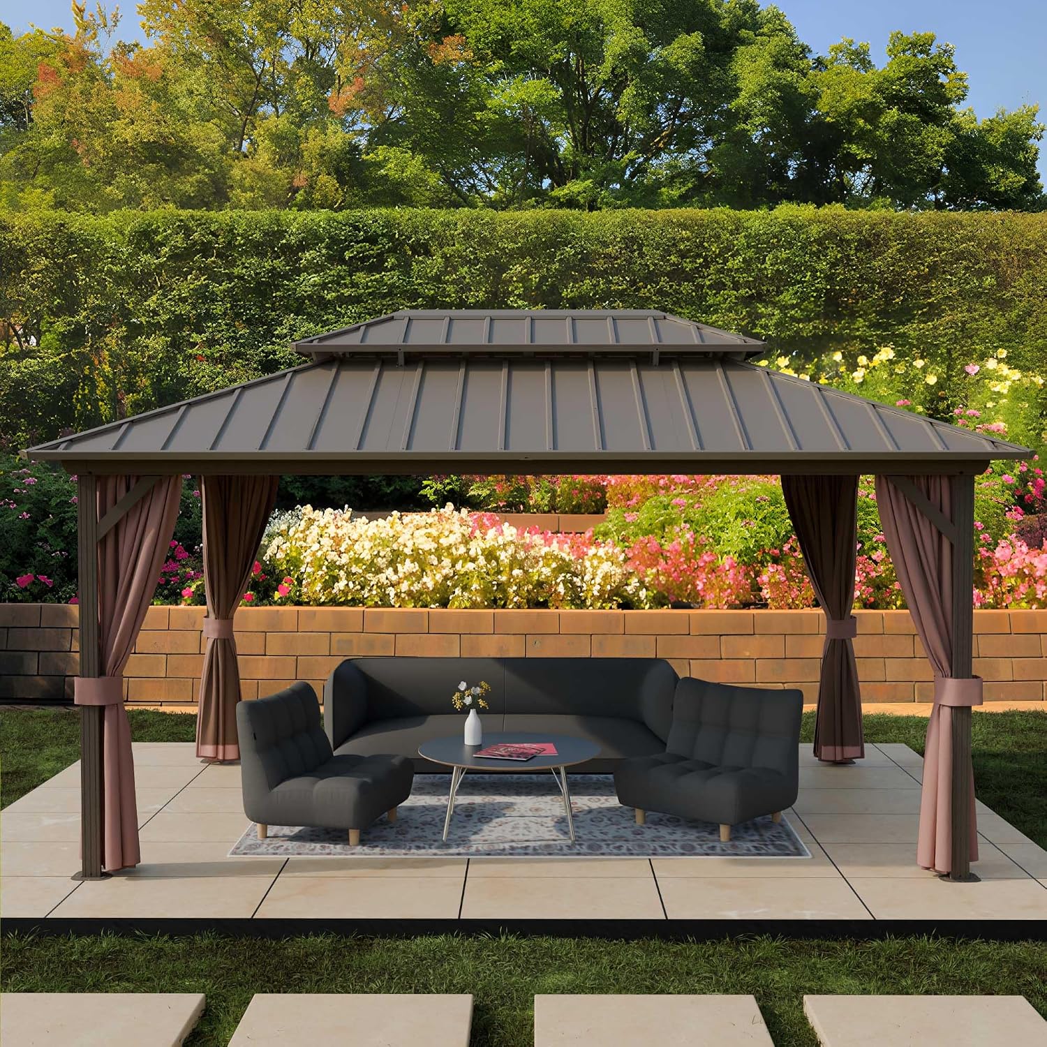 12'x16' Hardtop Gazebo, Outdoor Aluminum Frame Galvanized Steel Double Roof Pavilion with Netting and Shaded Curtains, Permanent Metal Pergolas for Patio, Backyard, Deck and Lawns.