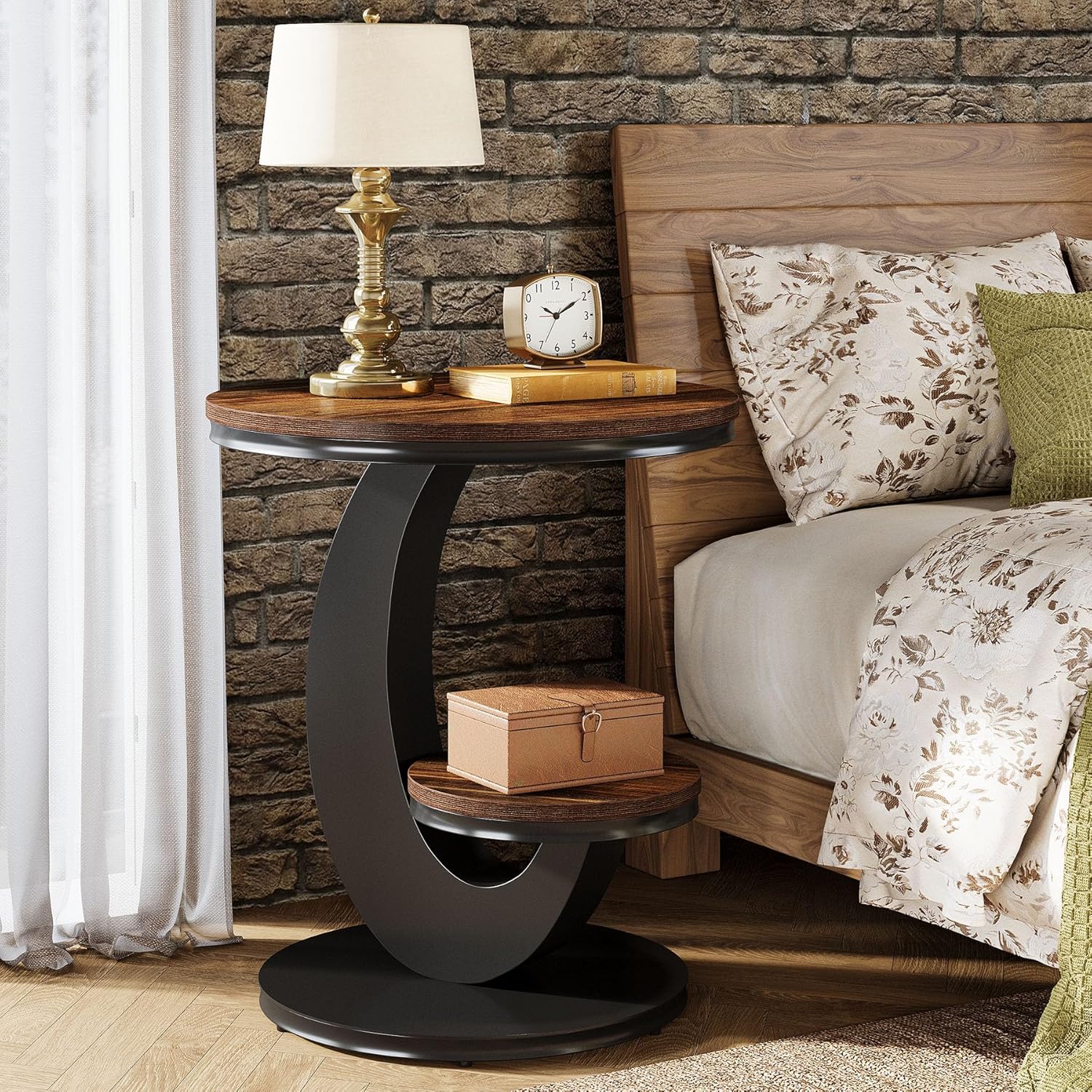 Tribesigns Round End Table Set of 2, 2 Tiers Side Table with Storage Shelf, Sofa Side Bedside Nightstand with Rustic Wood and Metal Arc-Shaped Frame for Small Spaces, Living Room, Bedroom (2PCS)