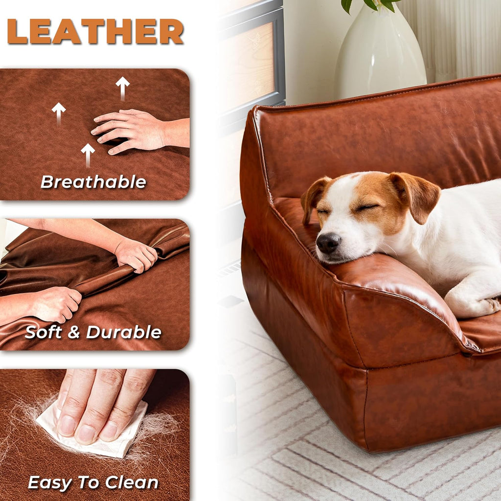 Leather Dog Bed Couch for Small and Medium Dogs Under 50 lbs, Brown Mid Century Modern Elevated Cat Sofa Chair Luxurious Indoor Furniture Style Pet Supplies for Puppy