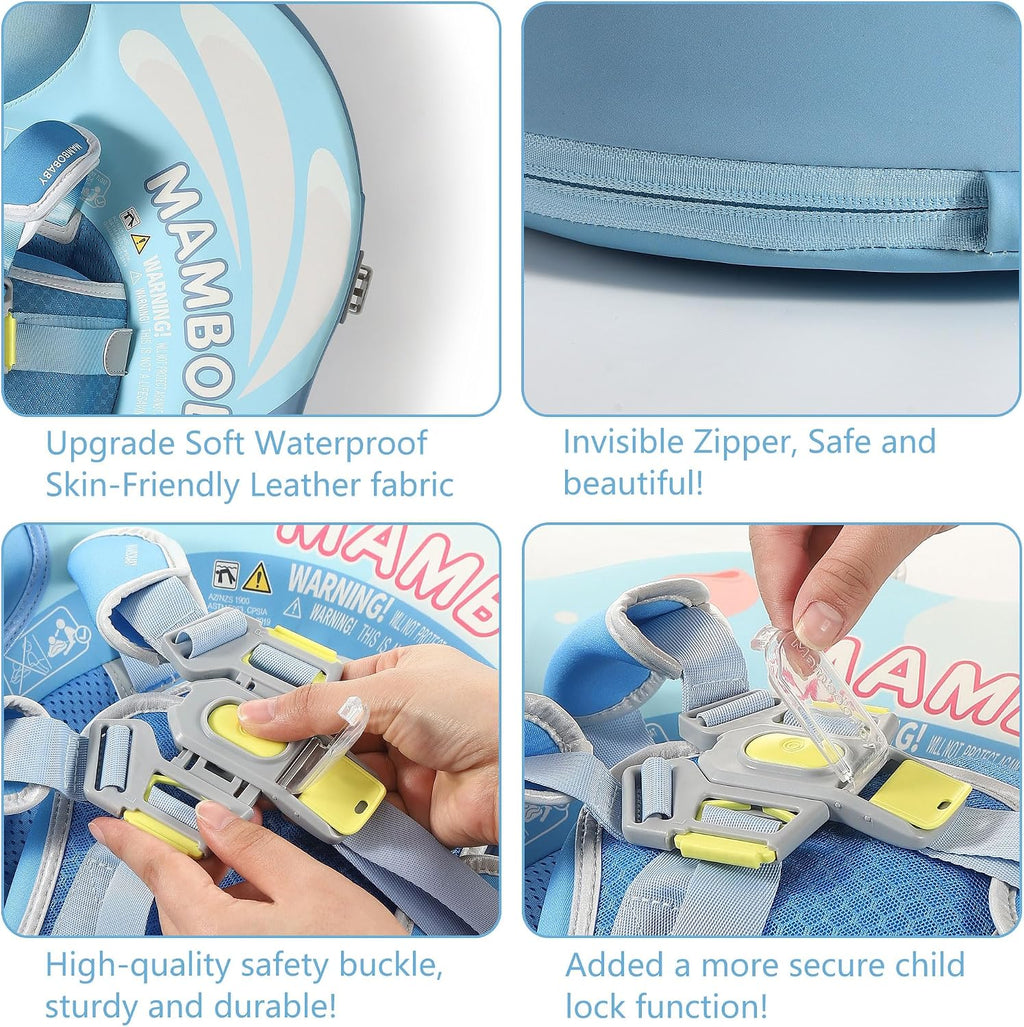 Mambobaby Float Upgrade Add Tail Baby Float with Canopy for Infant Waist Swimming Ring Swim Trainer Non-Inflatable Floats Toys with Adjustable Safety Strap (Blue - Butterfly)
