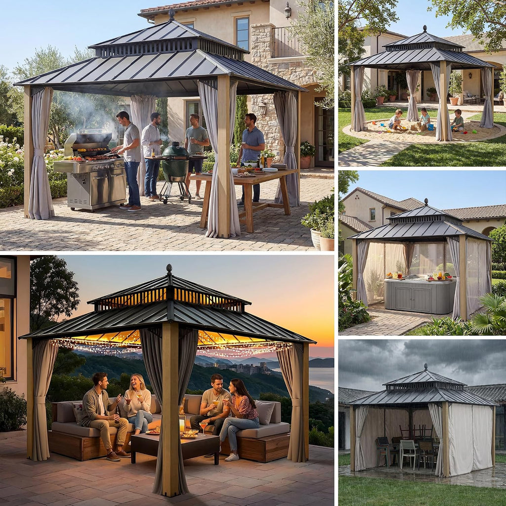 SUNJOY Kingston 12' x 12' Hardtop Wood Gazebo with Galvanized Steel Double Roof, Curtain and Netting, Cedar Posts Permanent Pavilion Gazebo for Garden, Patio, Deck, Lawn