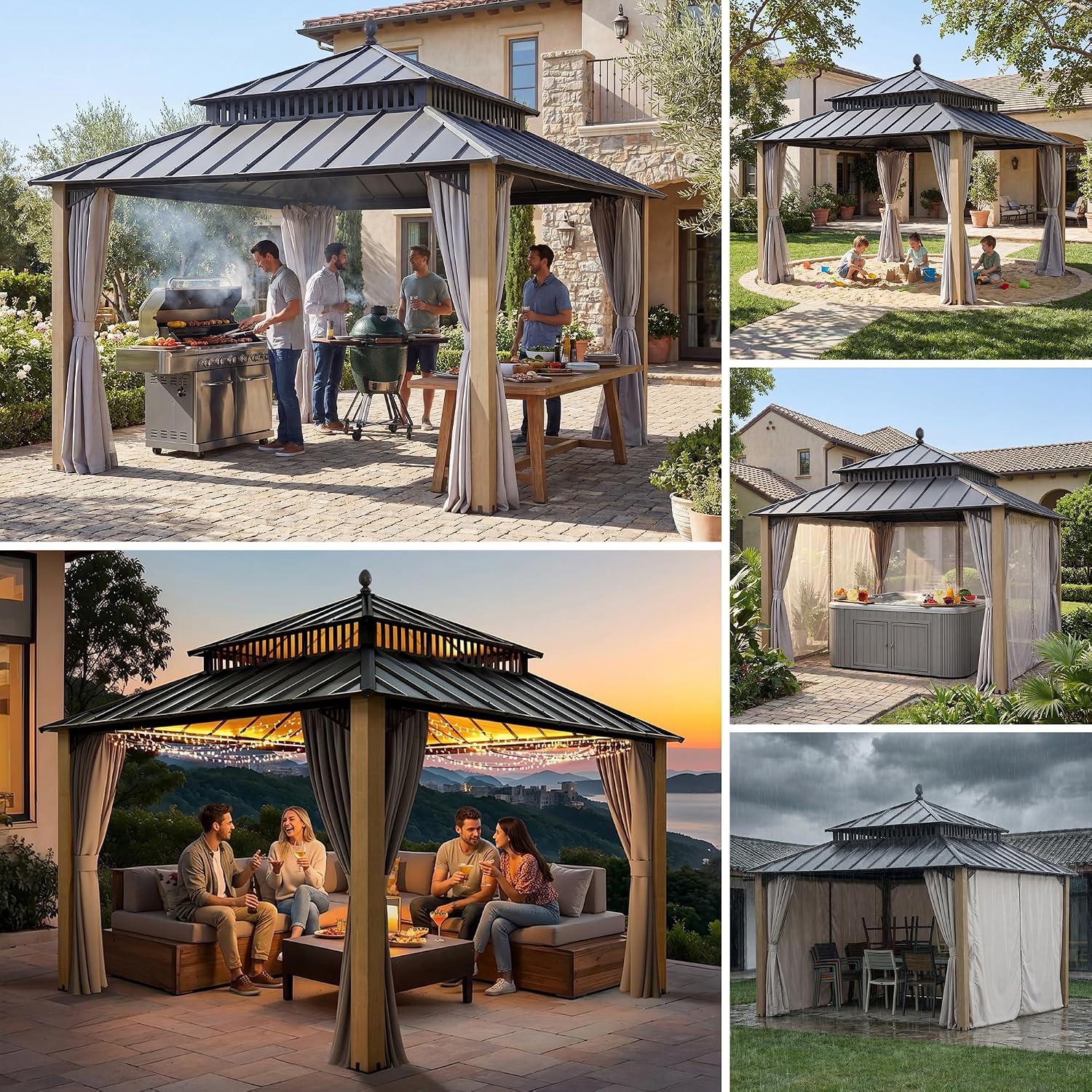 SUNJOY Kingston 12' x 12' Hardtop Wood Gazebo with Galvanized Steel Double Roof, Curtain and Netting, Cedar Posts Permanent Pavilion Gazebo for Garden, Patio, Deck, Lawn