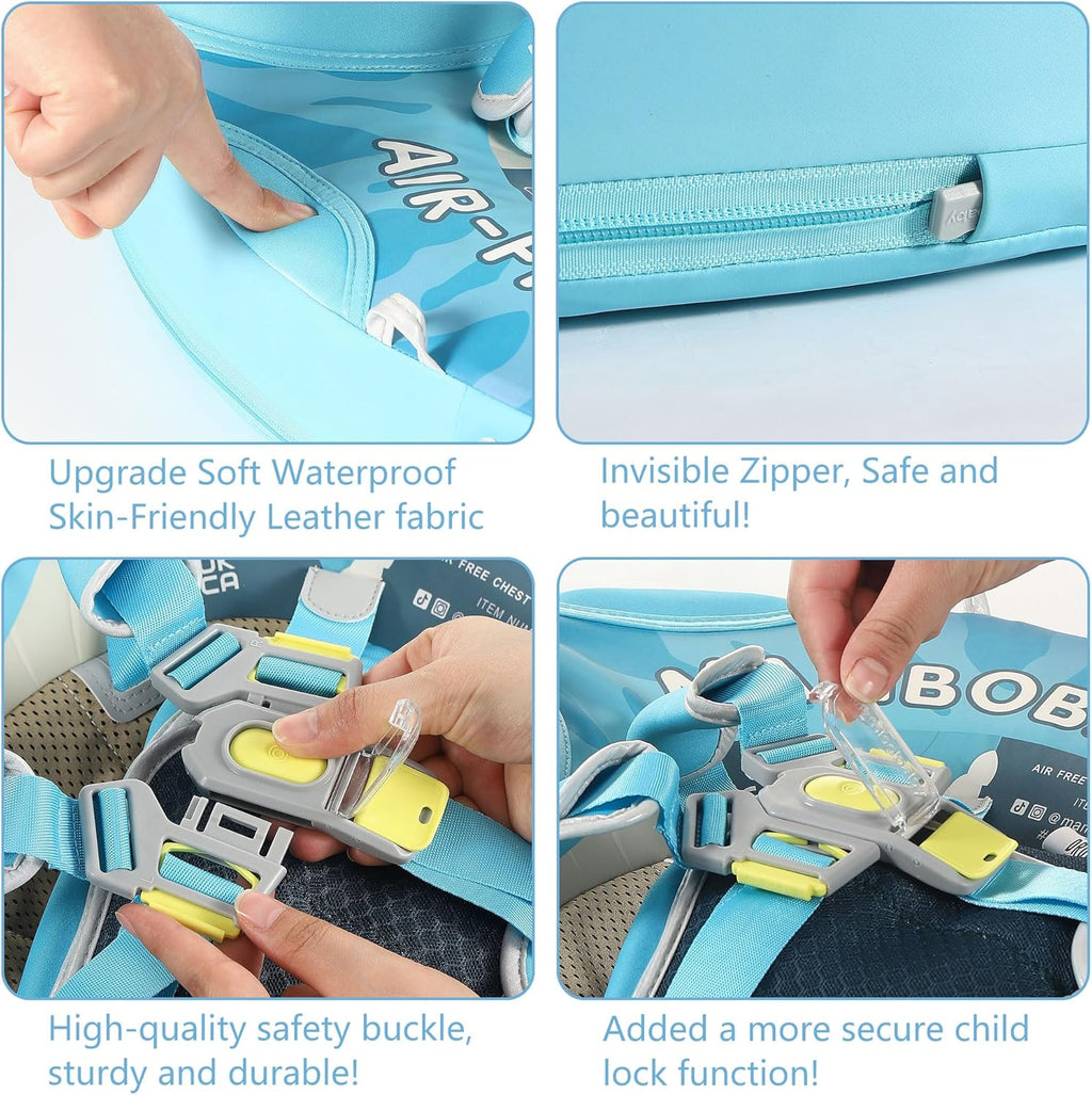 Mambobaby Float Upgrade Add Tail Baby Float with Canopy for Infant Waist Swimming Ring Swim Trainer Non-Inflatable Floats Toys with Adjustable Safety Strap (Blue - Dinosaur)