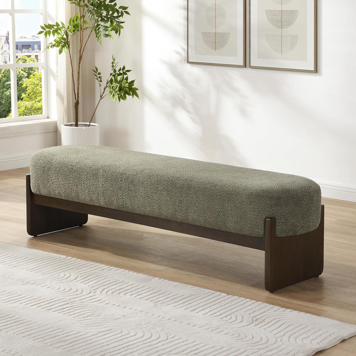 Christopher Knight Home Arden Minimalist Loop Yarn Fabric Dining Bench, Wooden Entryway Ottoman Bench, Modern Living Room Sofa Ottoman Footrest, Bedroom End of Bed Bench, Dark Green+Brown