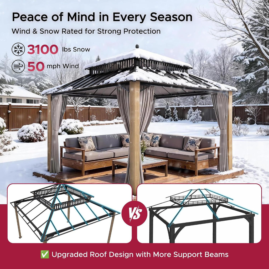 SUNJOY Kingston 12' x 12' Hardtop Wood Gazebo with Galvanized Steel Double Roof, Curtain and Netting, Cedar Posts Permanent Pavilion Gazebo for Garden, Patio, Deck, Lawn